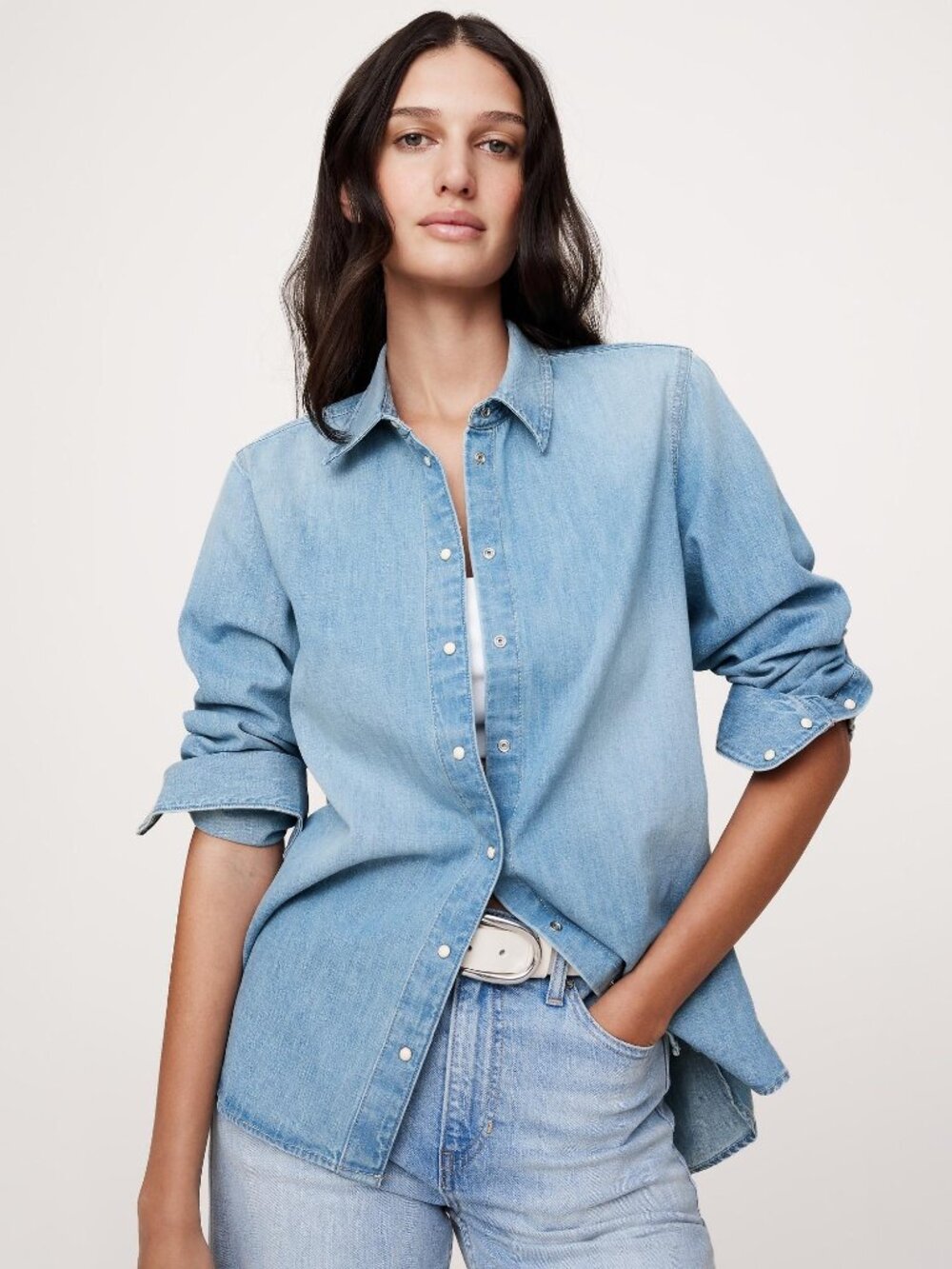 Banana Republic NEW Denim Western Shirt Light Blue Chambray Snap Button Womens S